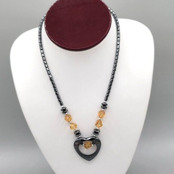 Hematite Open Heart Pendant Statement Necklace Orange Bead Accents 16" - Picture 3 of 8